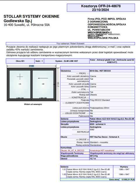 Okno HST Slim Line Antracyt 3180 x 2150 Od Ręki Szklenie 48mm