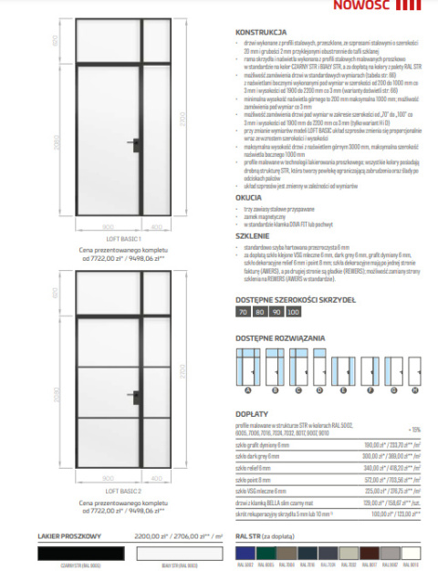 Drzwi Erkado Loft Steel BASIC 1 Czarna Rama 900x2080 Różne Szklenia lub NA WYMIAR