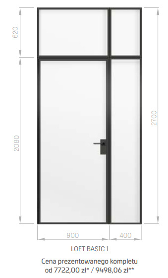 Drzwi Erkado Loft Steel BASIC 1 Czarna Rama 900x2080 Różne Szklenia lub NA WYMIAR