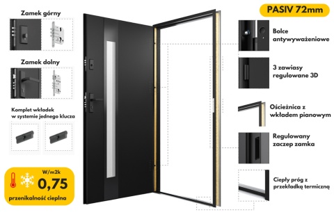 Ciepłe Drzwi Zewnętrzne Stalowe PASIV 72mm GRUBE U=0,75 Antracyt Black
