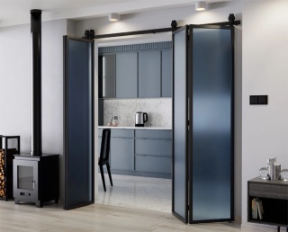 Drzwi Harmonijkowe Podwójne Przesuwne Łamane Aluminium Gładkie Szyba Loft Satyna-Grafit 2x97