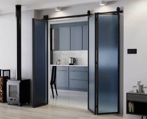 Drzwi Harmonijkowe Podwójne Przesuwne Łamane Aluminium Gładkie Szyba Loft Satyna-Grafit 2x97