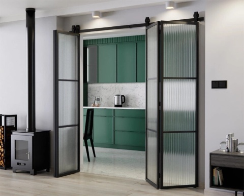 Drzwi Harmonijkowe Podwójne Przesuwne Łamane Aluminium Gładkie Szyba Loft Flutez 2x97