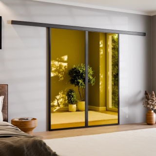 Drzwi Podwójne Przesuwne Aluminium Gładkie Szyba Loft Lustro Złote