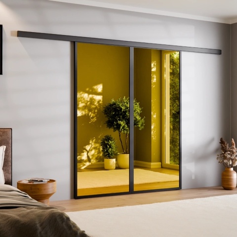 Drzwi Podwójne Przesuwne Aluminium Gładkie Szyba Loft Lustro Złote
