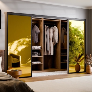 Drzwi Podwójne Przesuwne Aluminium Gładkie Szyba Loft Lustro Złote