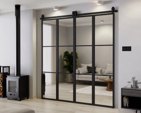 Drzwi Harmonijkowe Podwójne Przesuwne Łamane Aluminium Gładkie Szyba Loft Lustro 2x97 LOKI