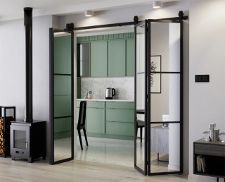 Drzwi Harmonijkowe Podwójne Przesuwne Łamane Aluminium Gładkie Szyba Loft Lustro 2x97 LOKI