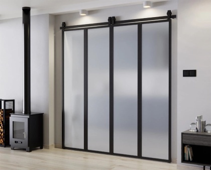 Drzwi Harmonijkowe Podwójne Przesuwne Łamane Aluminium Gładkie Szyba Mleczna 2x97