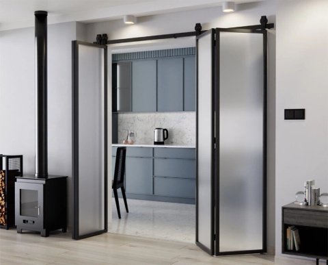 Drzwi Harmonijkowe Podwójne Przesuwne Łamane Aluminium Gładkie Szyba Mleczna 2x97