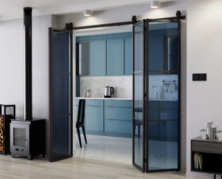 Drzwi Harmonijkowe Podwójne Przesuwne Łamane Aluminium Gładkie Szyba Loft Grafit 2x97