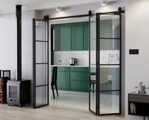 Drzwi Harmonijkowe Podwójne Przesuwne Łamane Aluminium Gładkie Szyba Przeźroczysta 2x97