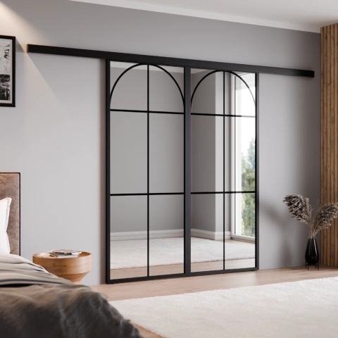 Drzwi Podwójne Przesuwne Aluminium Gładkie Szyba Loft Lustro Srebrne Łuk 2