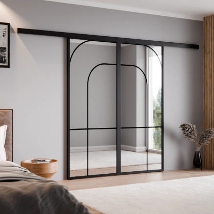 Drzwi Podwójne Przesuwne Aluminium Gładkie Szyba Loft Lustro Srebrne Łuk 3