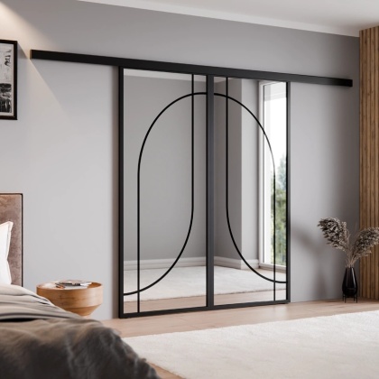 Drzwi Podwójne Przesuwne Aluminium Gładkie Szyba Loft Lustro Srebrne Łuk 4