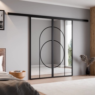 Drzwi Podwójne Przesuwne Aluminium Gładkie Szyba Loft Lustro Srebrne Łuk 5