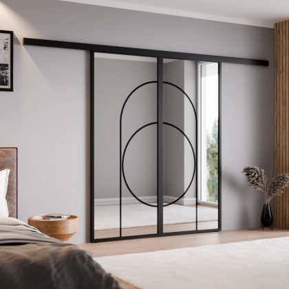 Drzwi Podwójne Przesuwne Aluminium Gładkie Szyba Loft Lustro Srebrne Łuk 5