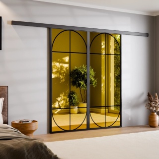 Drzwi Podwójne Przesuwne Aluminium Gładkie Szyba Loft Lustro Złote Łuk 1
