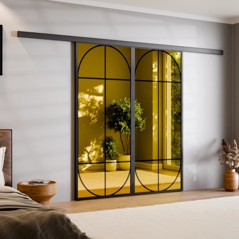 Drzwi Podwójne Przesuwne Aluminium Gładkie Szyba Loft Lustro Złote Łuk 1