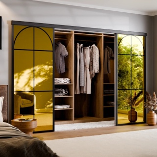 Drzwi Podwójne Przesuwne Aluminium Gładkie Szyba Loft Lustro Złote Łuk 2