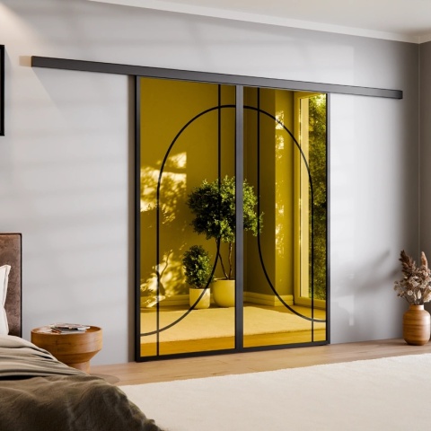 Drzwi Podwójne Przesuwne Aluminium Gładkie Szyba Loft Lustro Złote Łuk 4