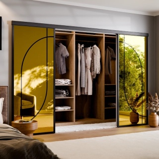 Drzwi Podwójne Przesuwne Aluminium Gładkie Szyba Loft Lustro Złote Łuk 4