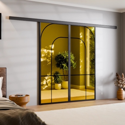 Drzwi Podwójne Przesuwne Aluminium Gładkie Szyba Loft Lustro Złote Łuk 3