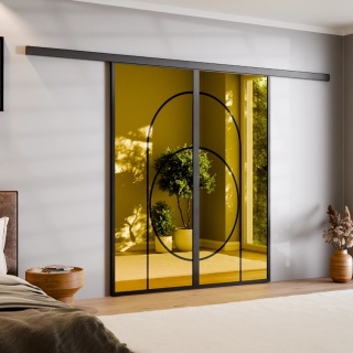 Drzwi Podwójne Przesuwne Aluminium Gładkie Szyba Loft Lustro Złote Łuk 5