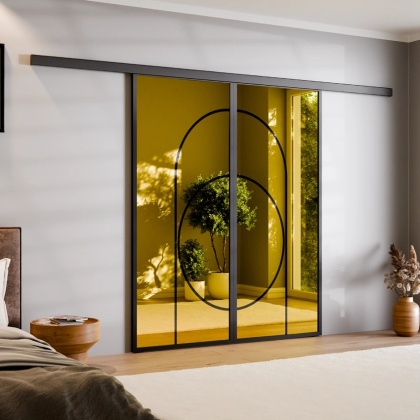 Drzwi Podwójne Przesuwne Aluminium Gładkie Szyba Loft Lustro Złote Łuk 5