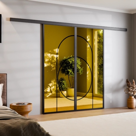 Drzwi Podwójne Przesuwne Aluminium Gładkie Szyba Loft Lustro Złote Łuk 5