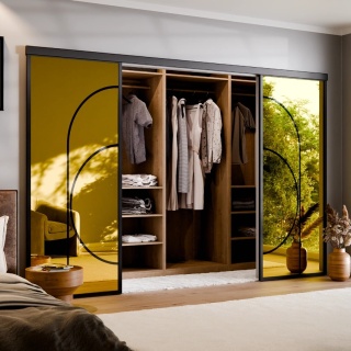 Drzwi Podwójne Przesuwne Aluminium Gładkie Szyba Loft Lustro Złote Łuk 5