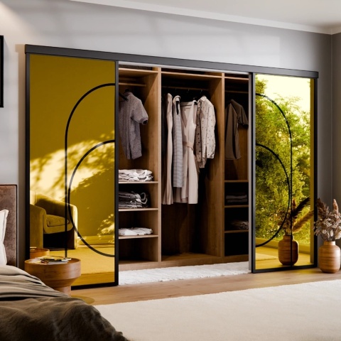 Drzwi Podwójne Przesuwne Aluminium Gładkie Szyba Loft Lustro Złote Łuk 5