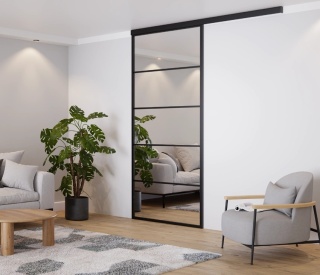 Drzwi Przesuwne Szklane LAGUNA Aluminium Czarne Lustro Montaz do sufitu