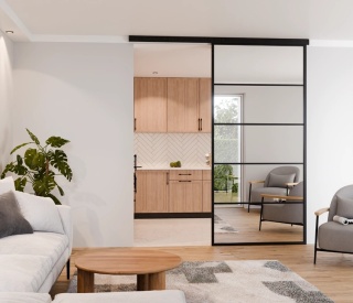 Drzwi Przesuwne Szklane LAGUNA Aluminium Czarne Montaz do sufitu Szyba do Wyboru