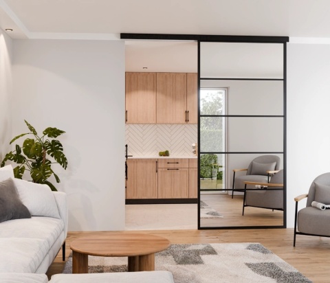 Drzwi Przesuwne Szklane LAGUNA Aluminium Czarne Montaz do sufitu Szyba do Wyboru