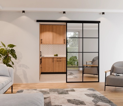 Drzwi Przesuwne Szklane LAGUNA Aluminium Czarne Srerokie Lustro