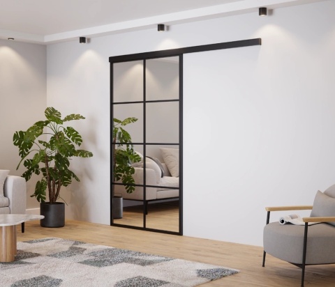 Drzwi Przesuwne Szklane LAGUNA Aluminium Czarne Srerokie Lustro