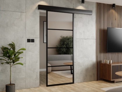 Drzwi Przesuwne Szklane Thor Aluminium Czarne 4 pola Lustro Obustronne