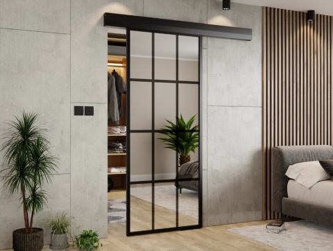 Drzwi Przesuwne Szklane Thor Aluminium Czarne 6 pól Lustro Obustronne