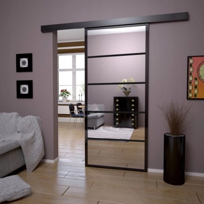 Drzwi Przesuwne Szklane Thor Aluminium Czarne 5 pól Lustro Obustronne