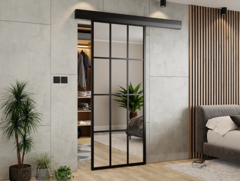 Drzwi Przesuwne Szklane Thor Aluminium Czarne 12 pól Lustro Obustronne