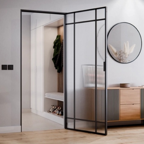 Drzwi Rozwierane Aluminium Czarne Slim Magnetic Komplet z Ościeżnica Flutez 9 pól