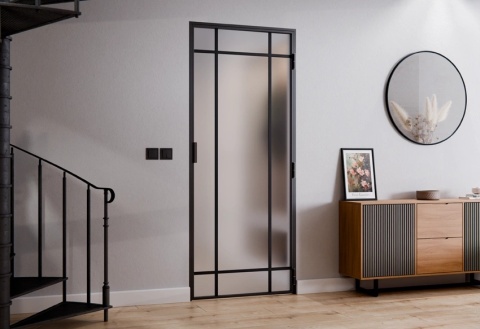 Drzwi Rozwierane Aluminium Czarne Slim Magnetic Komplet z Ościeżnica Satyna 9 pól