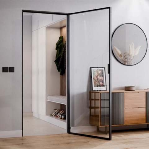 Drzwi Rozwierane Aluminium Czarne Slim Magnetic Komplet z Ościeżnica Szyba Float Bez Wzoru