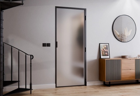 Drzwi Rozwierane Aluminium Czarne Slim Magnetic Komplet z Ościeżnica Szyba Mleczna Bez Wzoru