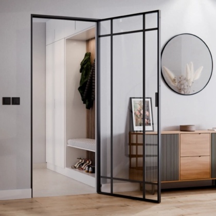 Drzwi Rozwierane Aluminium Czarne Slim Magnetic Komplet z Ościeżnica Float 9 pól