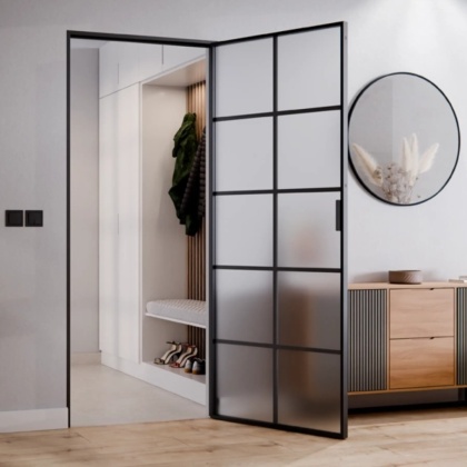 Drzwi Rozwierane Aluminium Czarne Slim Magnetic Komplet z Ościeżnica Satyna 10 pól