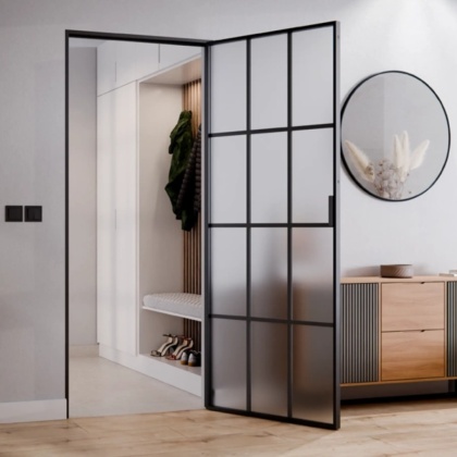 Drzwi Rozwierane Aluminium Czarne Slim Magnetic Komplet z Ościeżnica Satyna 12 pól