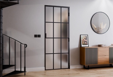 Drzwi Rozwierane Aluminium Czarne Slim Magnetic Komplet z Ościeżnica Satyna 12 pól