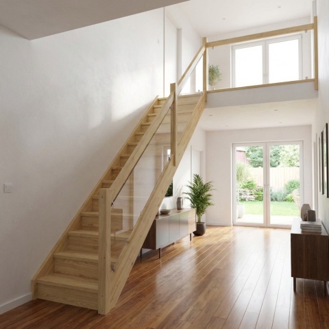 Schody MP MAX Ażurowe balustrada z szybą Proste Sosnowe z podstopnicami